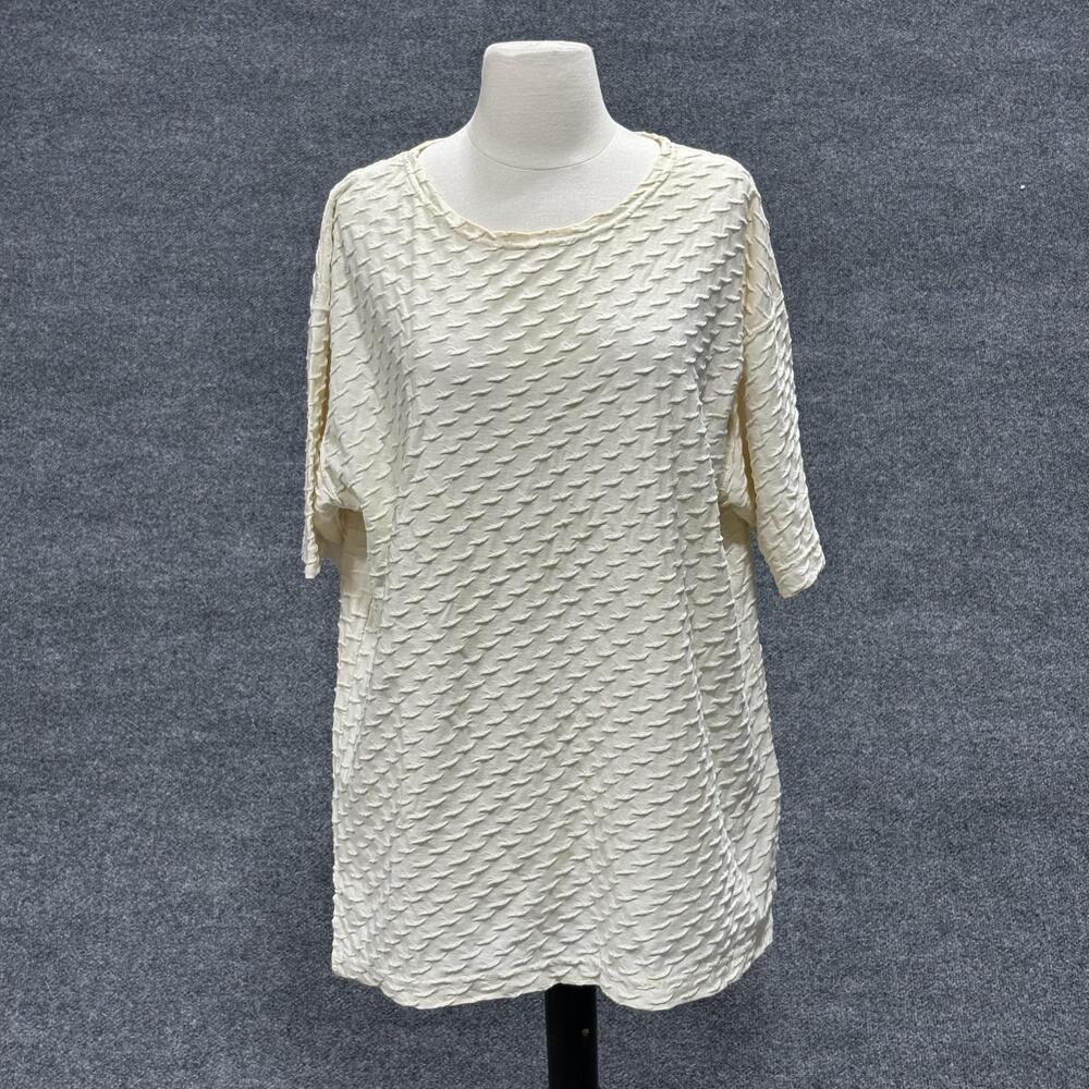 Vintage Basic Editions Shirt Womens Large Cream Textured Short Sleeve Top 90s